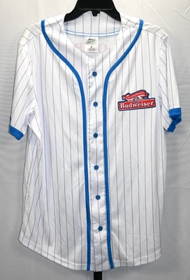 Camiseta deportiva de béisbol Budweiser con botones delanteros blanca y azul talla M 100 % poliéster nueva con etiquetas Foto 1 de 4