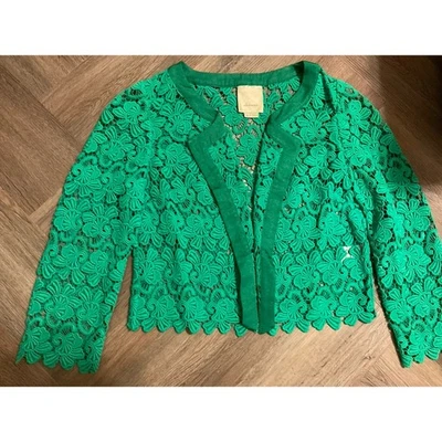 Elevenses Blazer Womens Extra Small Green Lace Scalloped Boho Anthropologie - Image 1 of 4