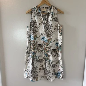 Elie Tahari 100% Linen Dress Tan Floral Leaves Sleeveless Pockets Sz Small - Picture 1 of 9