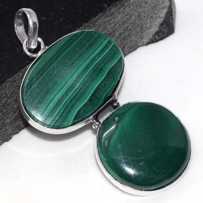 Malachite 925 Silver Plated Long Gemstone Pendant 2.5" Unique Jewelry JW - Image 1 of 3