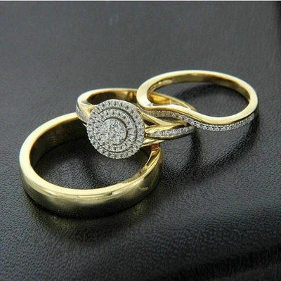 Lab Created Diamond 14K Yellow Gold FN Trio His & Her Bridal Wedding Ring Set - Image 1 of 4
