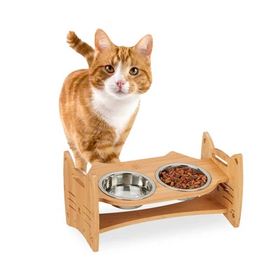 Futterstation Katzen Hundenapf Bambus Napfständer höhenverstellbar Katzennapf - Bild 1 von 4