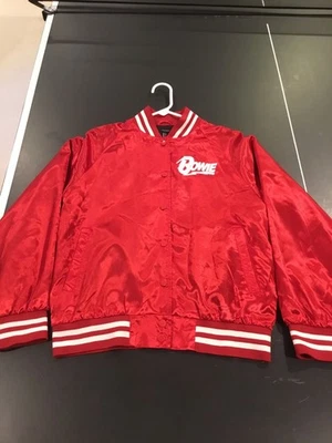 Forever 21 David Bowie Red White Satin Silky Varsity Jacket Snap Buttons Small - Image 1 of 4