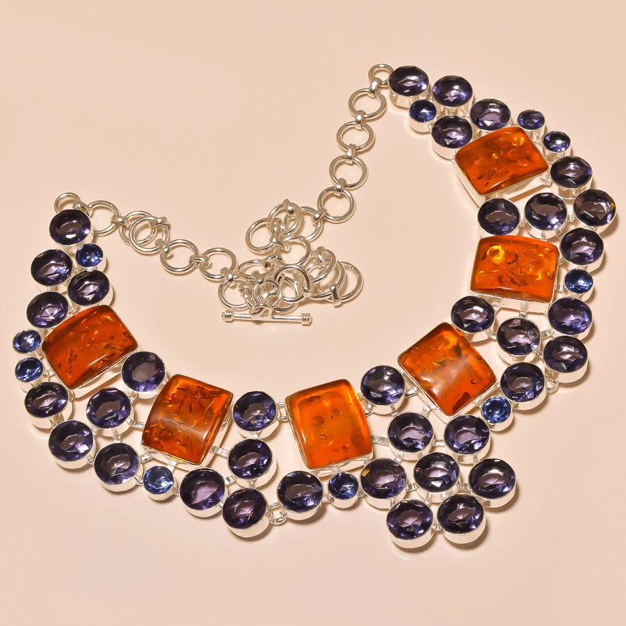 Collar enchapado en plata con piedras preciosas de amatista ámbar báltico joyería 18" regalo para ella Foto 1 de 1