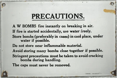 ORIGINAL WWII AW BOMBS PRECAUTIONS ENAMEL SIGN BRITISH MILITARY HOME GUARD - Image 1 of 2