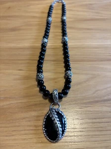 American West Carolyn Pollack Onyx Leaf Design Sterling Pendant/Beaded Necklace - Picture 1 of 6