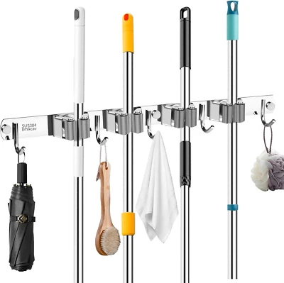 Mop and Broom Holder Wall Mounted, 4 Racks and 5 Hooks Broom, Upgraded Stainless - Image 1 of 4