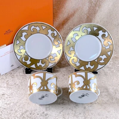 Juego de 2 vajilla de porcelana dorada Hermes taza de té y platillo Guadalquivir con estuche Foto 1 de 4