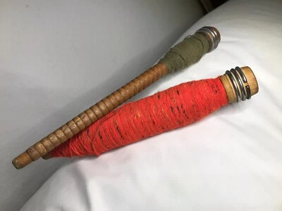 2 Antique Wooden Quill Thread Spool Yarn Weaving Spinning Spindle Bobbins - Image 1 of 4