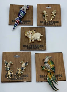 Rhinestone and Enamel Brooch and Earring Lot Bali Trading Co Birds Elephant - Picture 1 of 9