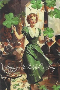 Vintage St Patrick's Day Postcard RETRO Antique NEW REPRINT Woman Pub Clovers - Picture 1 of 2