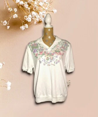 TEDDI VTG Women's FLORAL White Pink Short Sleeve Collar Shirt Top Sz XL NWT - Image 1 of 4