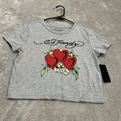 Ed Hardy рубашка женщин большой серый любовь сердце тату логотип Don Ed Hardy укороченный крой - Изображение 1 из 4