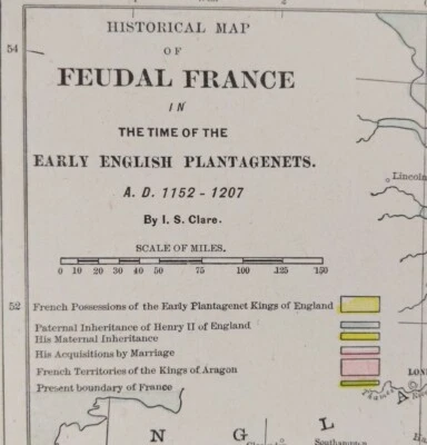 Vintage 1900 FEUDAL FRANCE Map 1152-1207 AD ~ Old Antique Original PLANTAGENETS - Image 1 of 4