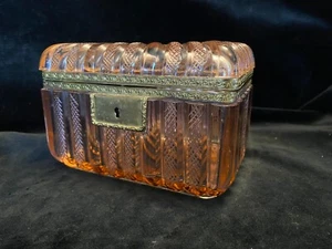 French Baccarat Style Antique Bronze and Pressed Glass Pink Decorative Box - Picture 1 of 12