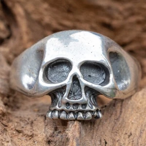 Anello Teschio Calvido Argento Sterling 925 Metallo Biker Gotico Punk Pinky M - X - Foto 1 di 7