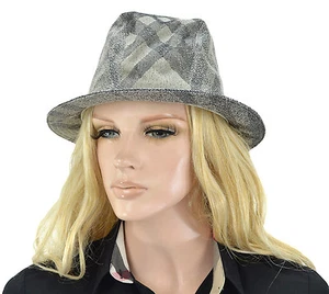$415 BURBERRY Plata Gris Cuadro SALLY SHIMMER Fedora Sombrero para Mujer - Imagen 1 de 5