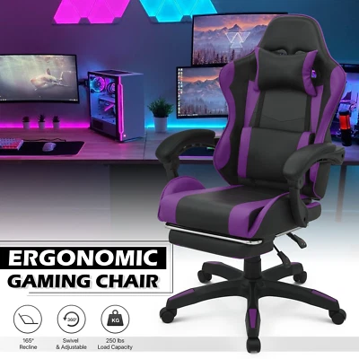 MONIBLOOM Purple Gaming Racing[RECLINABLE]Chair Home Office Leather Swivel Seat w/Footerst