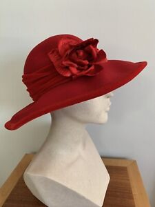 NEW Handmade by Scala RED Felted Wool Wide Brim Hat with Velvet Rose Trim
