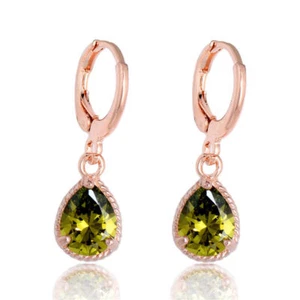 Bastante nuevo 18K Rose Gold chapado en verde oliva pera lágrima CZ colgar pendientes - Imagen 1 de 6