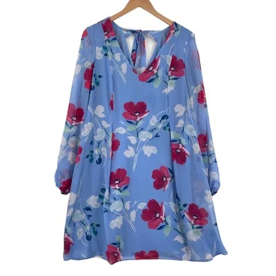 INC International Concepts Tunic Dress Womens Large Blue Floral V Neck Pullover - Image 1 of 4