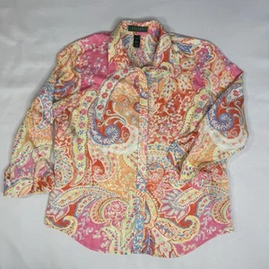 Ralph Lauren Petite L Damen Hemd Paisley Blumen Button Down Rosa Blau Lebendig - Bild 1 von 8