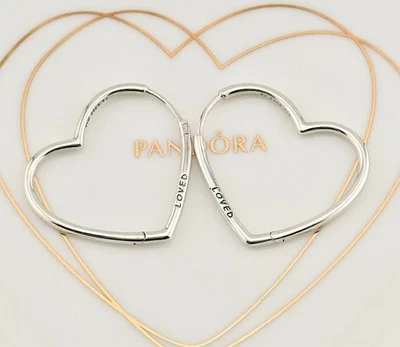 New Genuine Pandora Silver Large Asymmetrical Heart Loved Hoop Earrings 297822 - Image 1 of 4