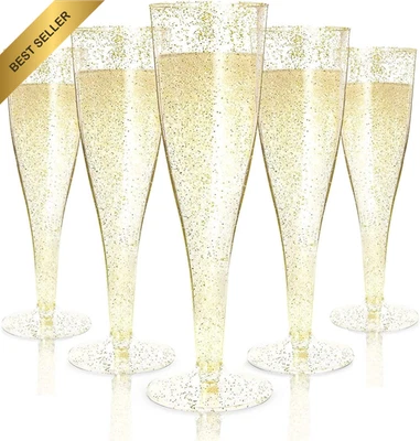 60Pc Plastic Champagne Flutes 150Ml Gold Glitter Reusable Party Wedding - image 1 of 4