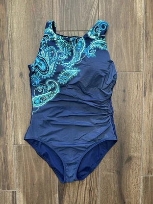 Lands End One Piece Swimsuit Navy Paisley Modest Full Coverage 14 DD - Image 1 of 4