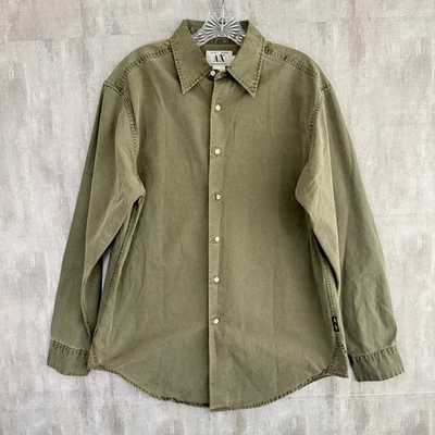 Camisa masculina vintage Armani Exchange pequena manga longa botão para baixo lona relaxada - Imagem 1 de 4