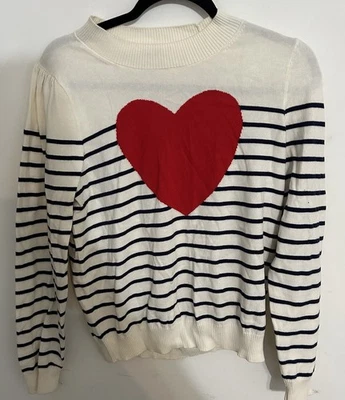 Suéter J Crew Para Mujer Talla M Manga Puños Cuello Redondo Rayas Rojo Corazón Pullover Foto 1 de 4