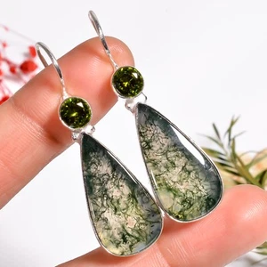 Moss Agate Peridot Gemstone Handmade Jewelry.925 Silver Earrings 1.8" jk_12835 - Picture 1 of 6