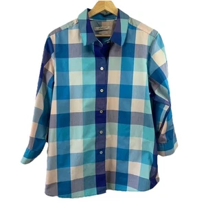 Foxcroft Shirt Blouse Button Up 8P Bold Blue Check Wrinkle Free Preppy Classic - Picture 1 of 9