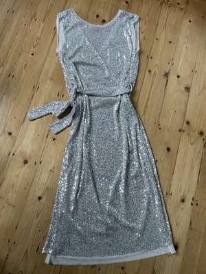 Next BNWT Sequin Party Evening Dress Cream Size 12 Midi Boat Neck V Back - Image 1 of 4