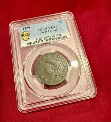 1829 CORONET HEAD LARGE CENT 1C LARGE LETTERS PCGS VG10 - Image 1 of 3