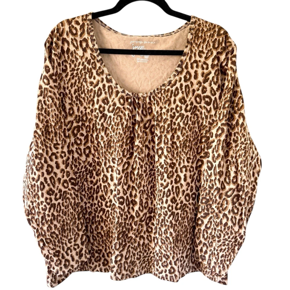 Camiseta Top JMS Talla Grande Fruncida Reunida Plisada Cuello Redondo Leopardo 2X Animal Foto 1 de 4
