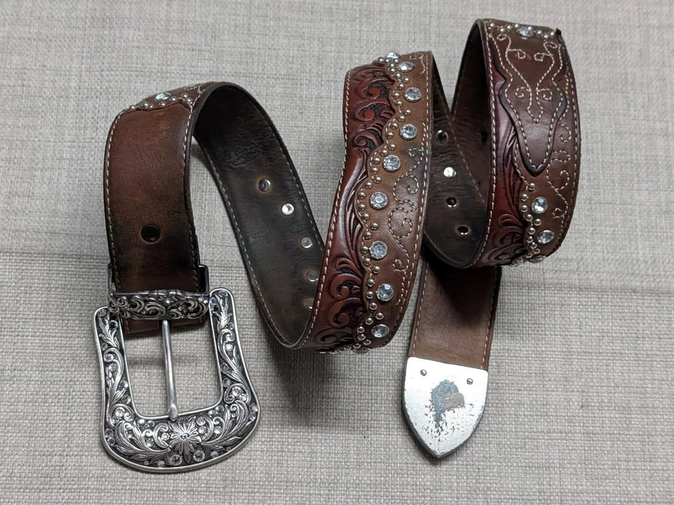 vintage STUDDED buckle belt TONY LAMA studded 34 brown WESTERN leather - Image 1 of 4