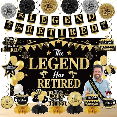 Decoraciones de fiesta de jubilación para hombres negro dorado feliz jubilación suministros de fiesta  Foto 1 de 4