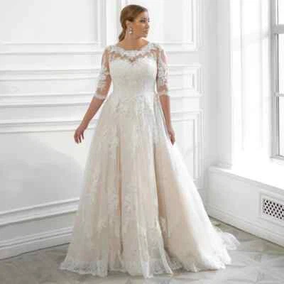 Plus Size A-Line Wedding Dresses O-Neck Half Sleeved Lace Applique Bridal Gowns - Image 1 of 4