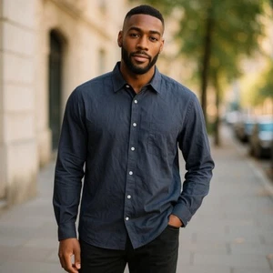 Daniel Simmons Drape Button Up Shirt Mens Large Navy Tencel Relaxed England $330 - Picture 1 of 9