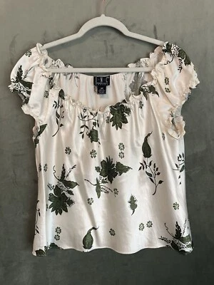 Top de seda vintage Y2K INC para mujer talla 12P con volantes al hombro marfil verde floral Foto 1 de 4