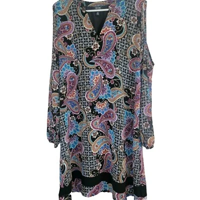 Nicole Miller Dress Womens 14 Paisley Cold Shoulder Slinky Artsy Boho Festival - Image 1 of 4