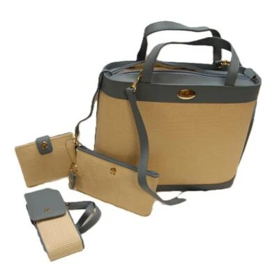 Nuevo con etiquetas Bolso de Mano Etienne Aigner Tostado y Madera de Cuña Azul Tejido con Juego de Accesorios de 4 Piezas Foto 1 de 3