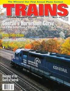 TRAINS 3/94 CONRAIL HORSESHOE CURVE, DOUBLE-STACKS, NEW YORK & LAKE ERIE ALCOS - Picture 1 of 2