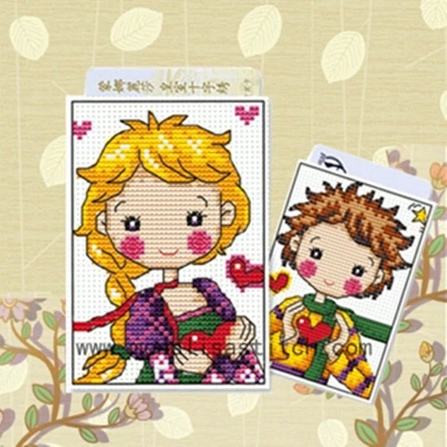 "Boy & Girl" Small cross stitch kits (card holder) good for beginner  - Image 1 of 1