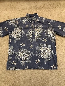 Reyn Spooner Shirt Mens Large Blue Half Button Hawaiian Tropical Casual - Picture 1 of 9