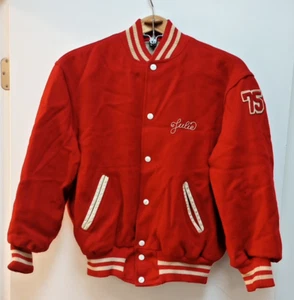 Vtg. Monroe Michigan High School Varsity Jacket Women's Red Wool Distressed 1975 - Picture 1 of 17