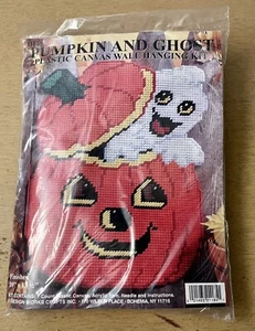 NOS Vtg Pumpkin And Ghost Plastic Canvas Wall Hanging Kit Halloween Yarn Craft - Picture 1 of 10