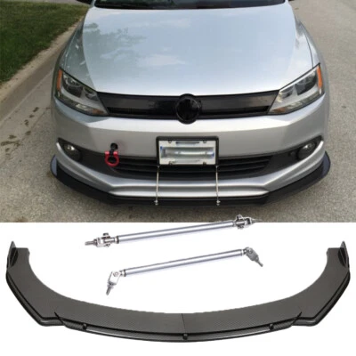 Carbon Look Front Bumper Lip Spoiler + Strut Rod For Volkswagen Polo Mk5 MK6 MK7 - Image 1 of 4