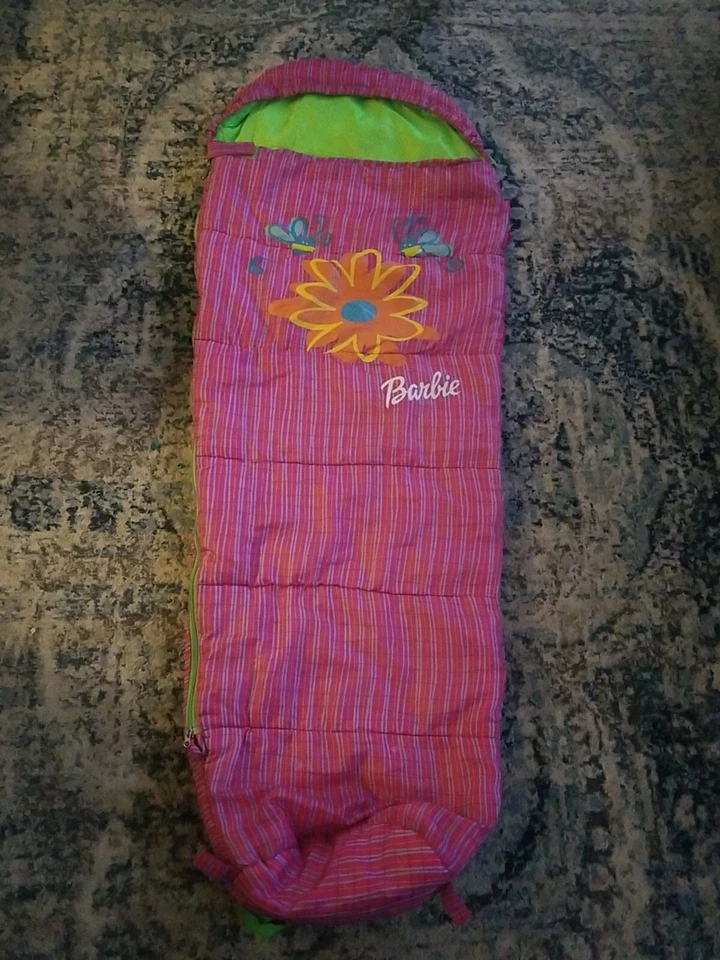 Saco de dormir Barbie meninas jovens tamanho infantil vintage rosa listras verdes florais  - Imagem 1 de 4